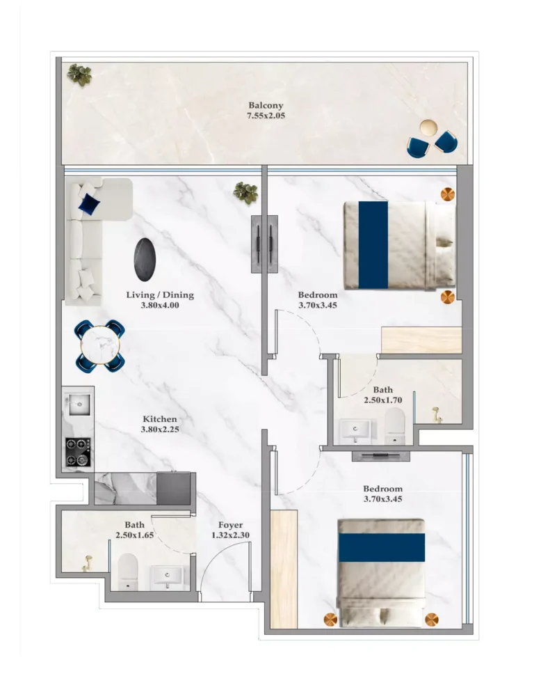 Timez by Danube floor plan 2-спальн. · 818 sqft