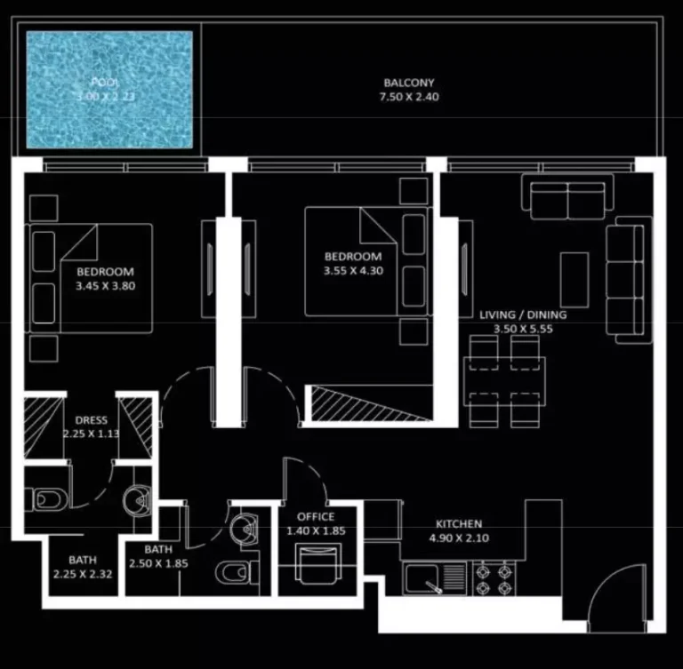 Diamondz by Danube floor plan 2-спальн. · 1107 sqft