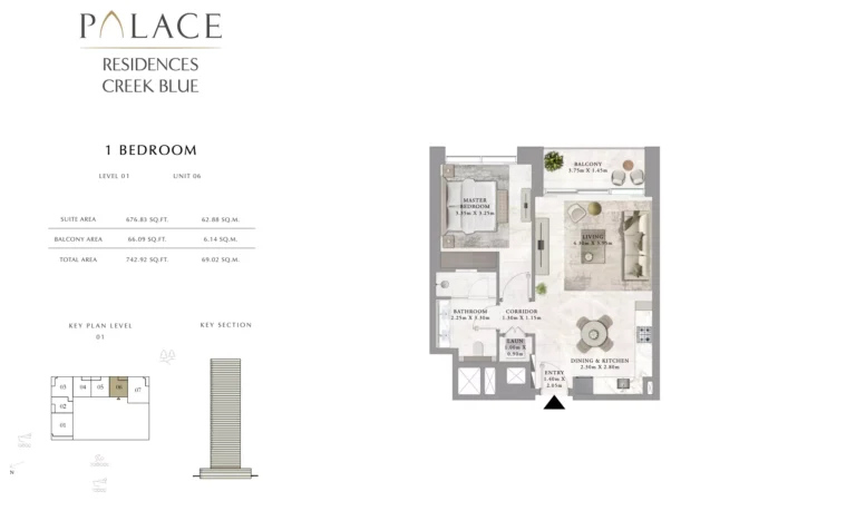 Palace Residences Creek Blue floor plan 1-спальн. · 742 sqft