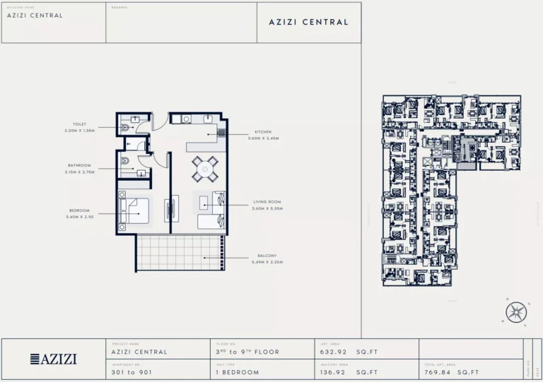 Azizi Central floor plan 1-спальн. · 769 sqft