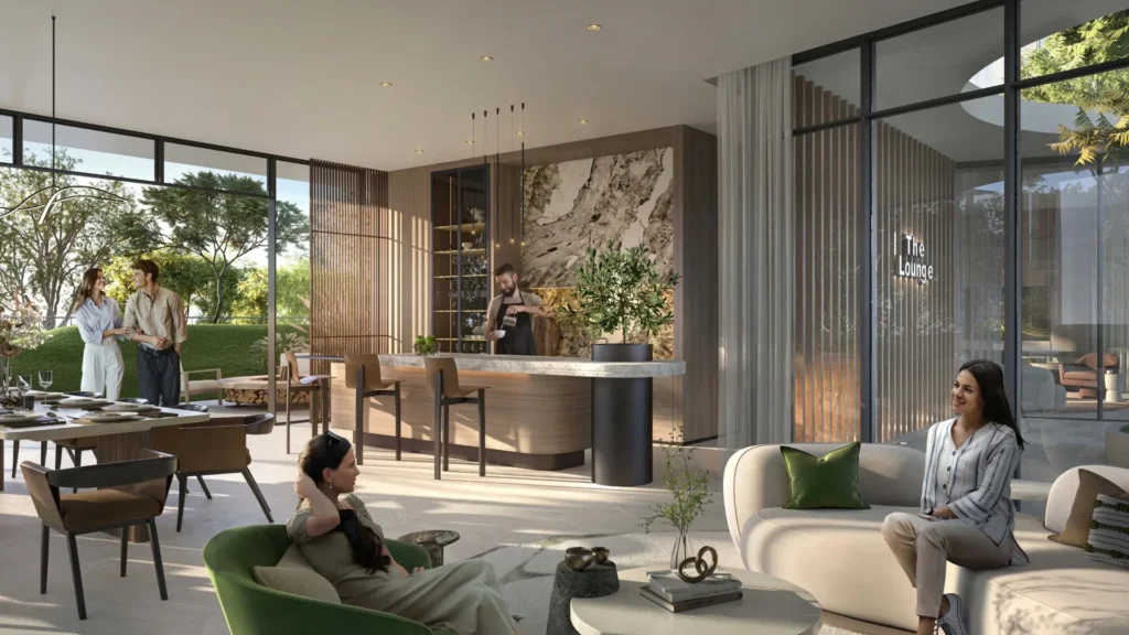Lounge area with seating and bar Ghaf Woods apartment DubaiLand Dubai