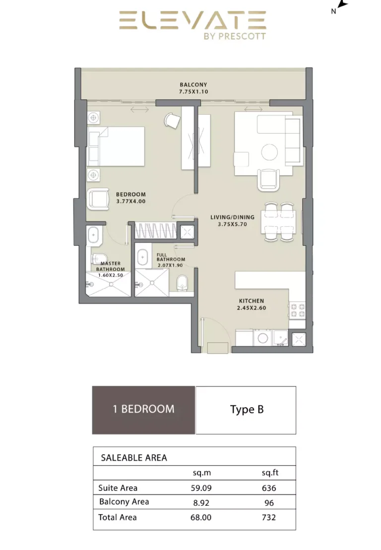 Elevate by Prescott floor plan 1-спальн. · 732 sqft