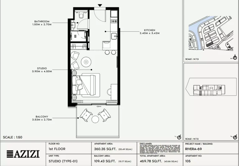 Azizi Riviera 69 floor plan Студия · 469 sqft