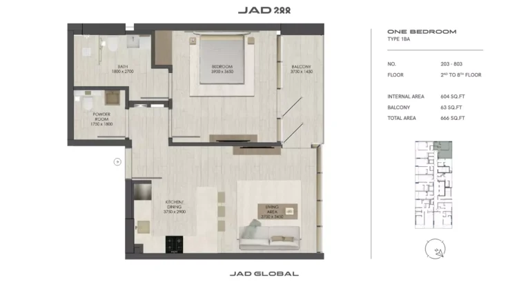 JAD 288 floor plan 1 BR · 666 sqft