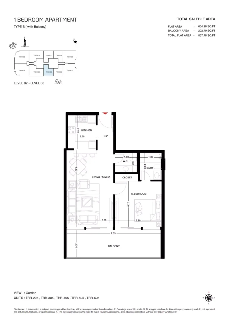 The Roof Residence floor plan 1-спальн. · 857 sqft