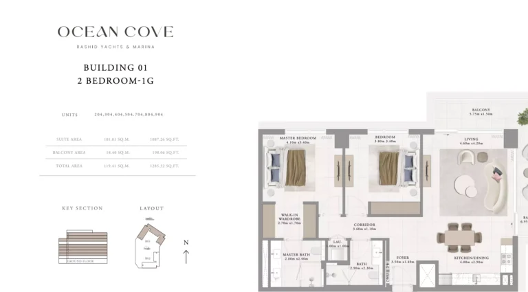 Ocean Cove floor plan 2 BR · 1285 sqft