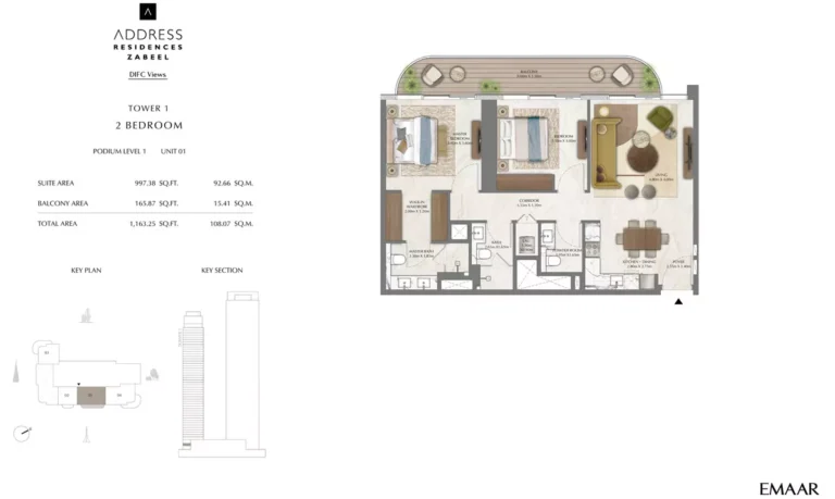 Address Residences Zabeel floor plan 2-спальн. · 1163 sqft