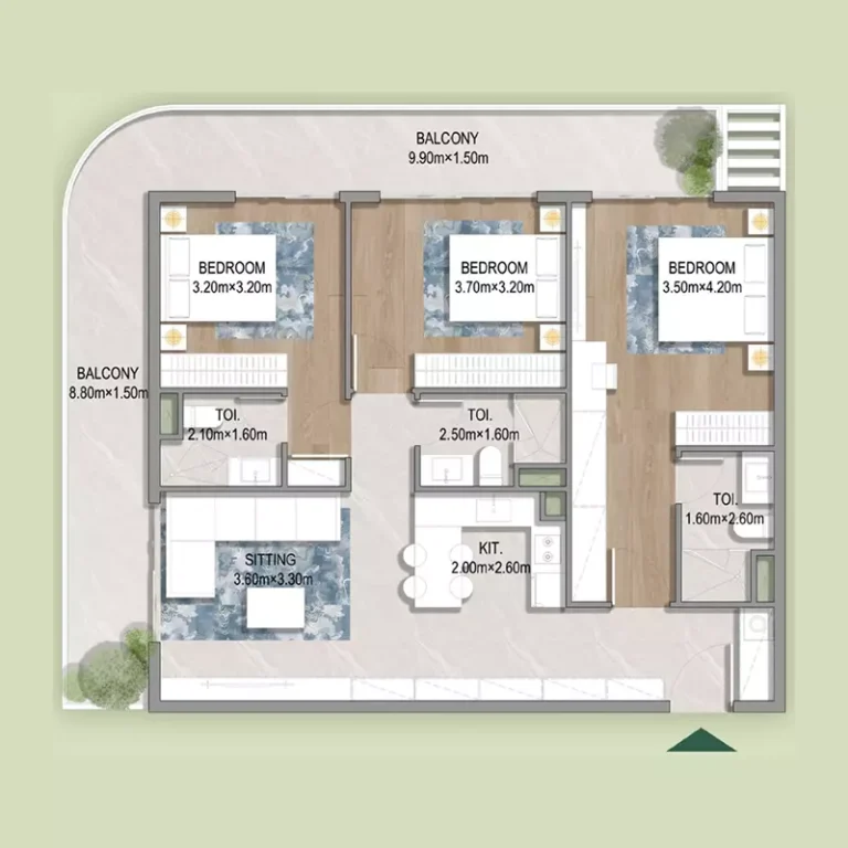Oasis Residences Dubai South floor plan 3-спальн. · 1332 sqft