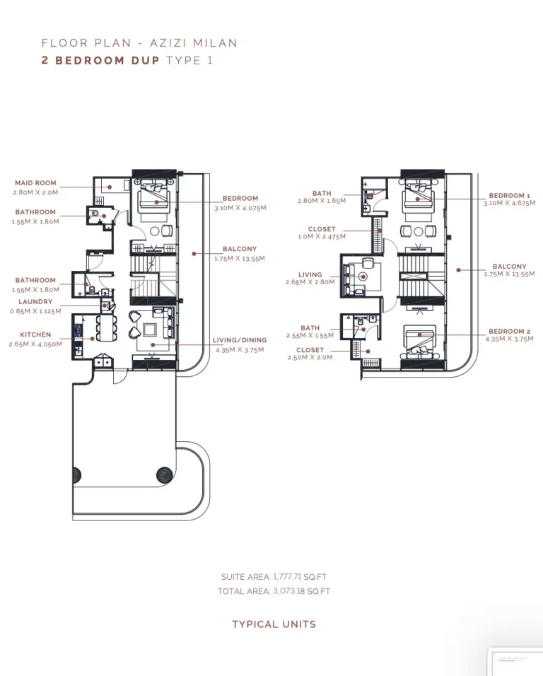 Azizi Milan 51 floor plan 2 BR · 1777 sqft