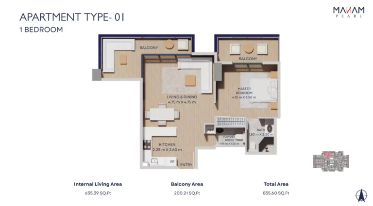 Manam Pearl floor plan 1-спальн. · 835 sqft
