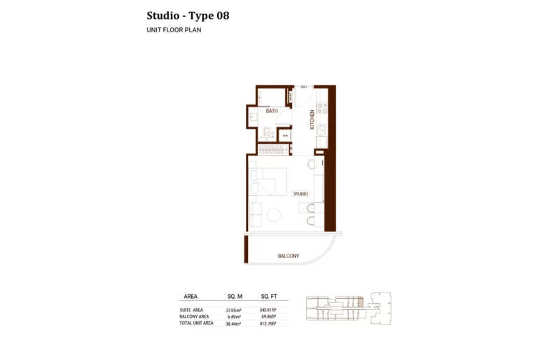 Binghatti Hillviews floor plan Studio · 412 sqft