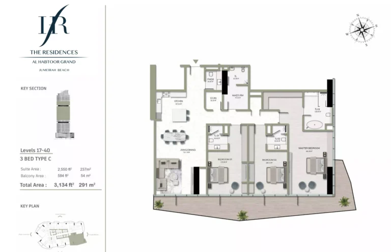 Habtoor Grand Residences floor plan 3-спальн. · 3134 sqft