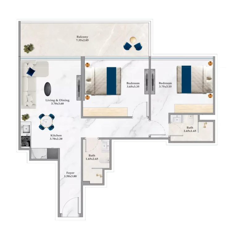 Timez by Danube floor plan 2-спальн. · 852 sqft