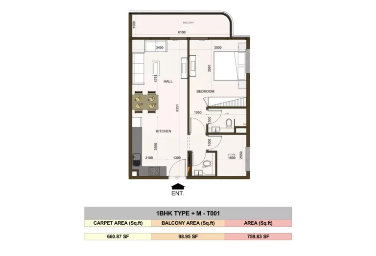 Casa Aura Residence floor plan 1-спальн. · 759 sqft