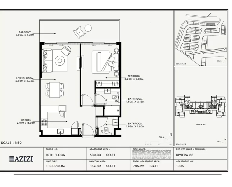 Azizi Riviera 53 floor plan 1 BR · 785 sqft