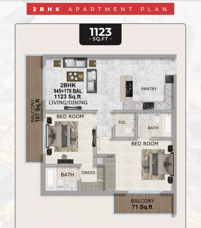 Coventry Gardens floor plan 2-спальн. · 1123 sqft