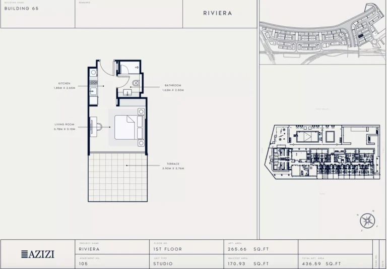 Azizi Riviera 65 floor plan Студия · 436 sqft
