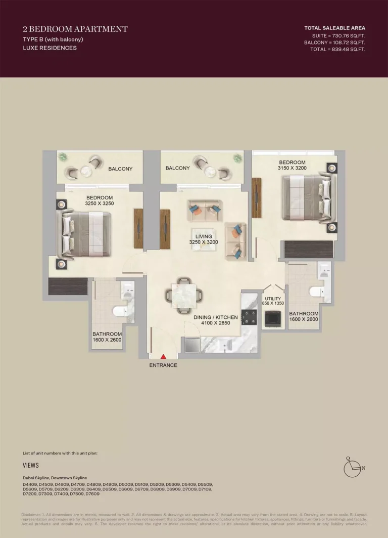 SkyVue Altier floor plan 2 BR · 839 sqft