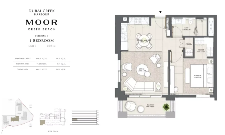 Moor at Creek Beach floor plan 1-спальн. · 680 sqft