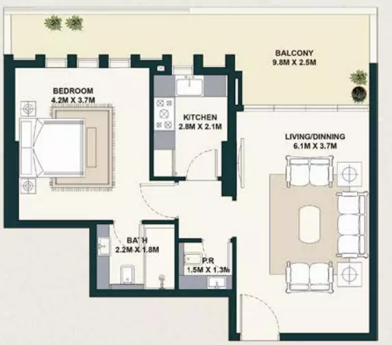 Exotica by Al Marina floor plan 1 BR · 835 sqft