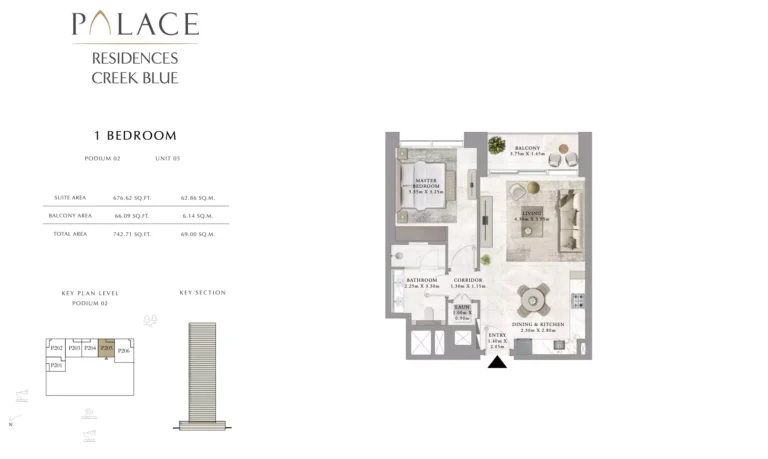 Palace Residences Creek Blue floor plan 1-спальн. · 742 sqft