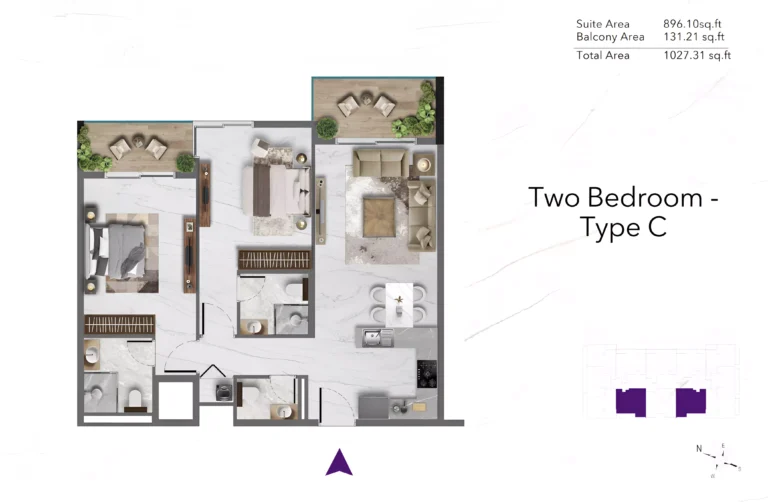 Amethyst by Siroya floor plan 2-спальн. · 1027 sqft