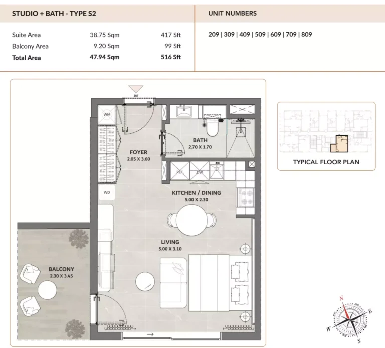 ENSO Amber floor plan Студия · 516 sqft