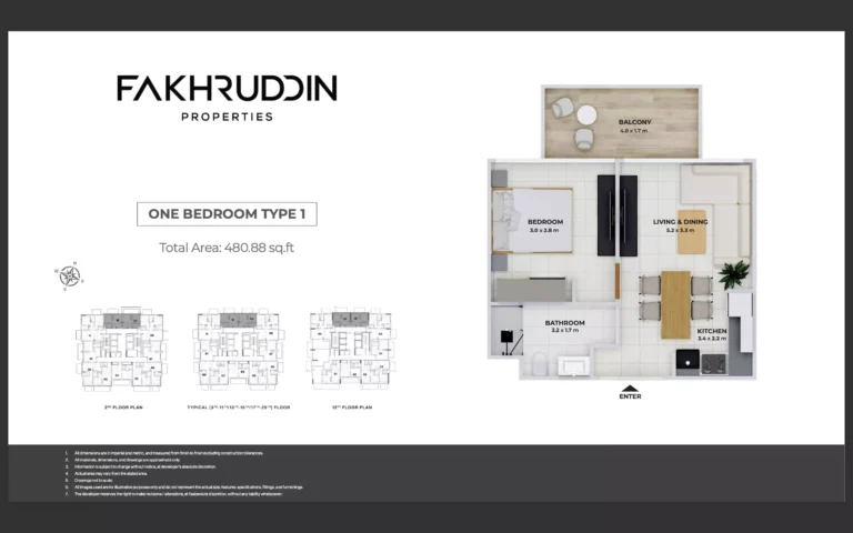 Treppan Tower floor plan 1 BR · 481 sqft