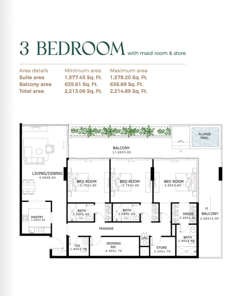 Belle Reve floor plan 3-спальн. · 2214 sqft