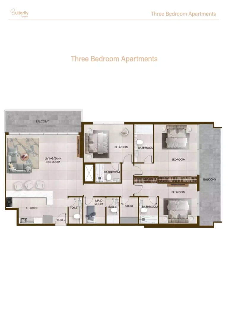 Butterfly Towers floor plan 3-спальн. · 2275 sqft