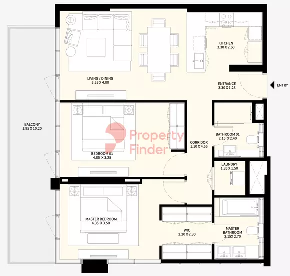 Naya at District One floor plan 2-спальн. · 1304 sqft