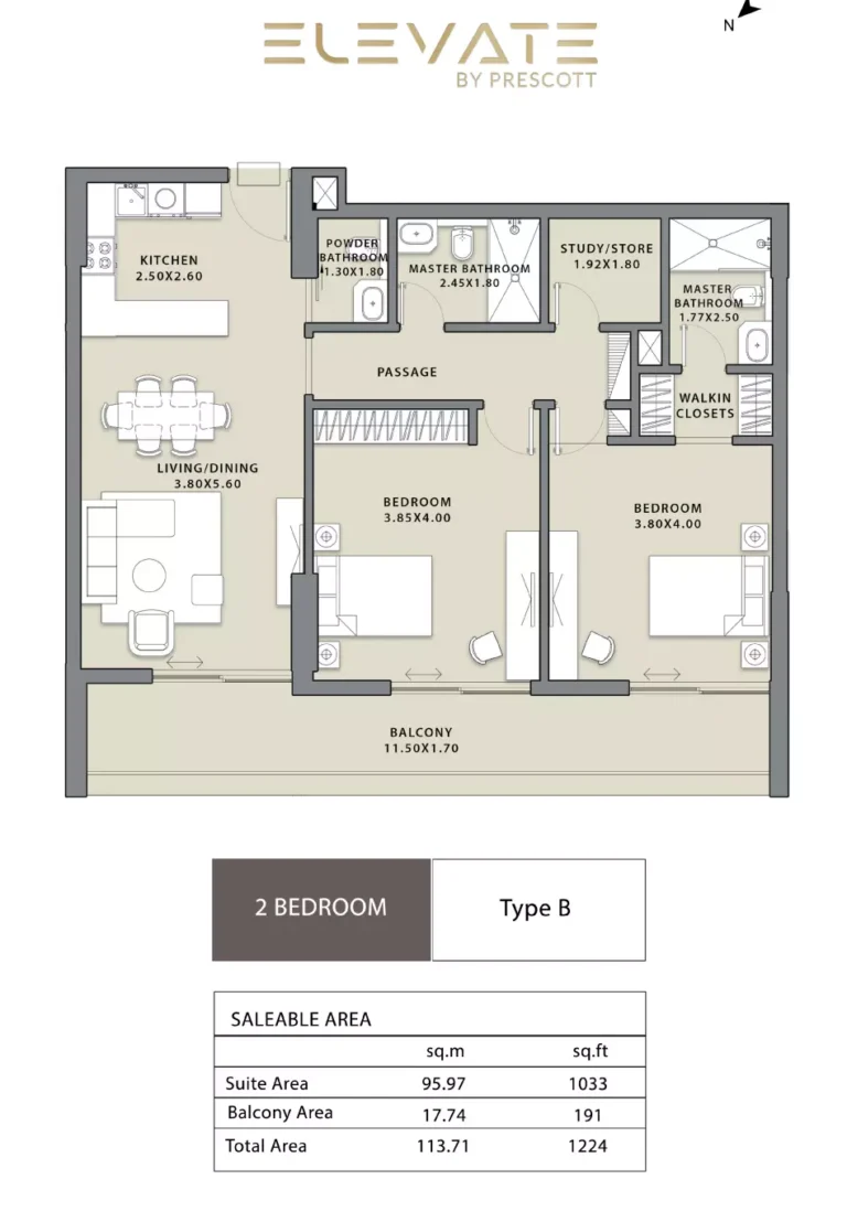 Elevate by Prescott floor plan 2-спальн. · 1224 sqft