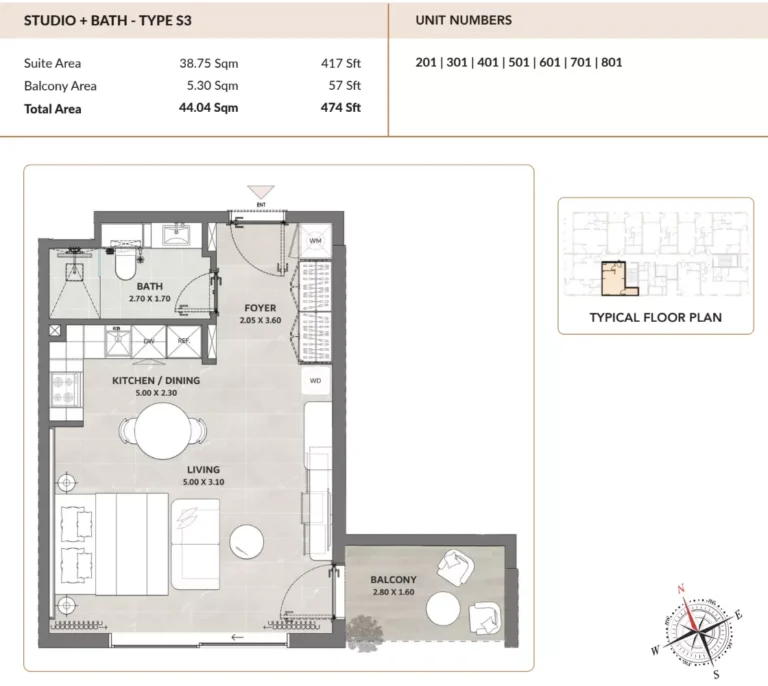 ENSO Amber floor plan Студия · 474 sqft