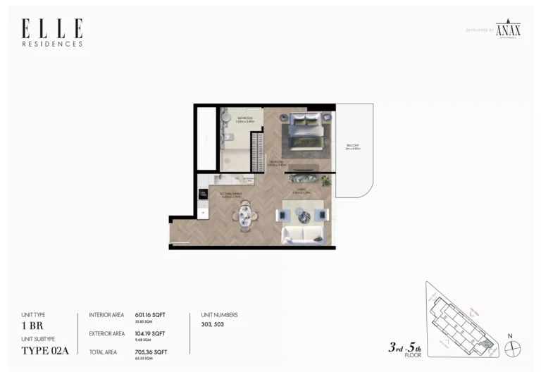 Elle Residences floor plan 1 BR · 705 sqft
