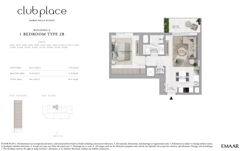 Club Place floor plan 1-спальн. · 693 sqft