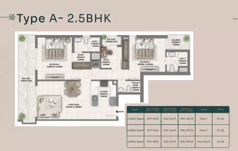 Blossom 40 floor plan 2-спальн. · 1315 sqft