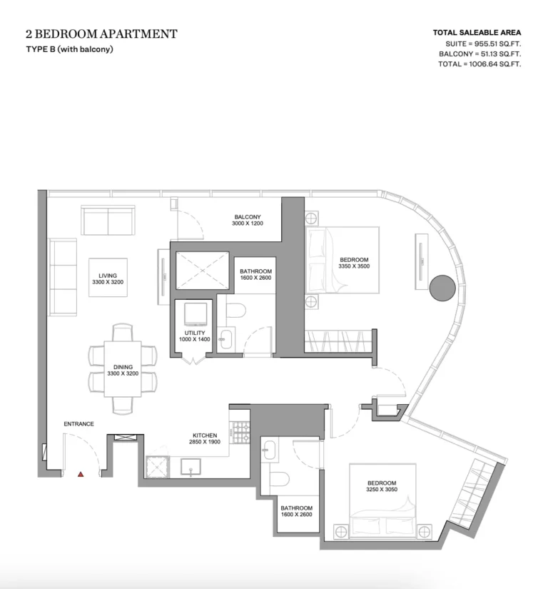 Skyvue Stellar floor plan 2-спальн. · 1006 sqft