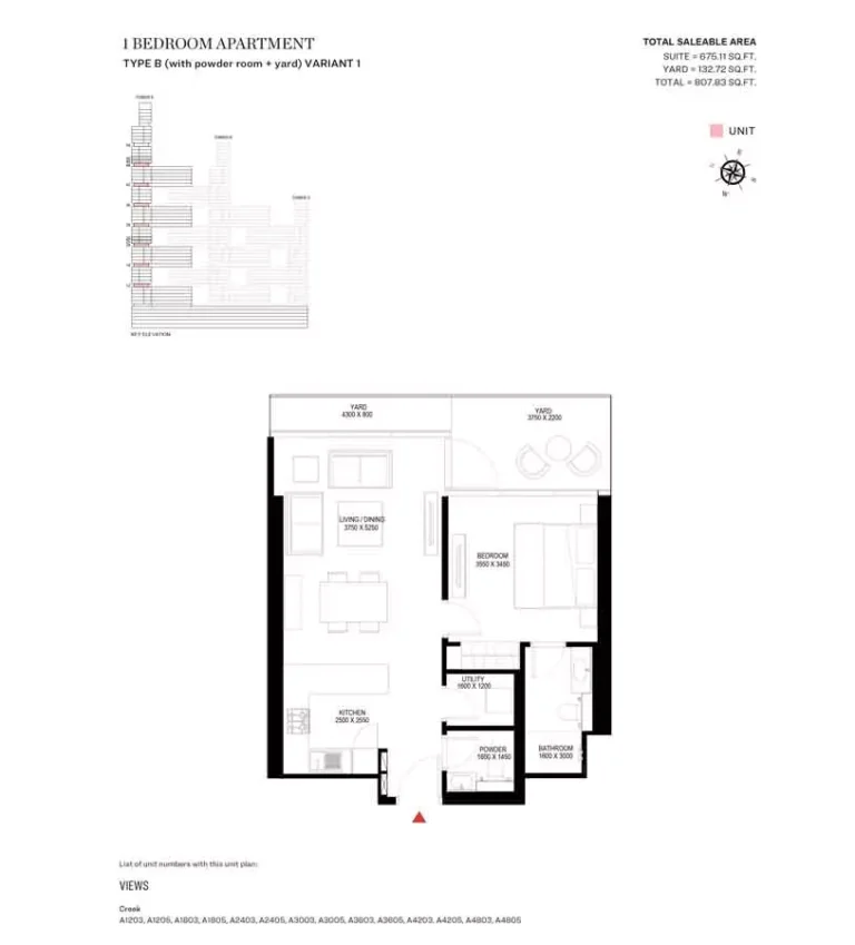 Sobha One floor plan 1 BR · 807 sqft