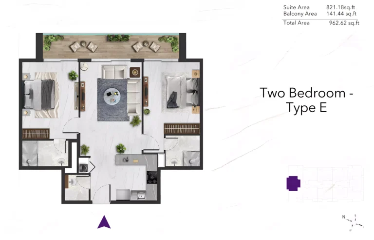 Amethyst by Siroya floor plan 2-спальн. · 963 sqft