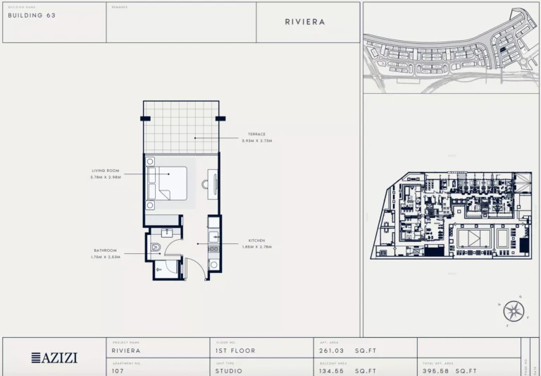 Azizi Riviera 63 floor plan Студия · 395 sqft