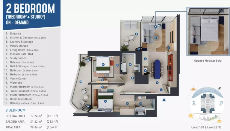 Rove Home Dubai Marina floor plan 2-спальн. · 1064 кв. фут