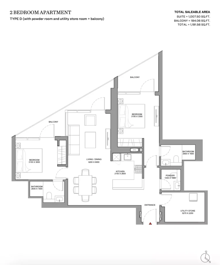 Skyvue Stellar floor plan 2-спальн. · 1191 sqft