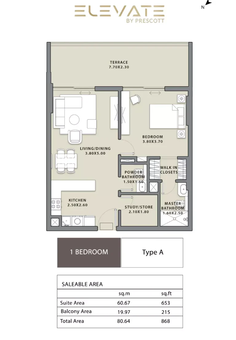 Elevate by Prescott floor plan 1-спальн. · 868 sqft