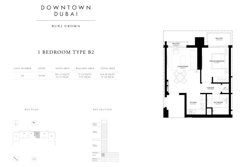 Burj Crown floor plan 1 BR · 618 sqft