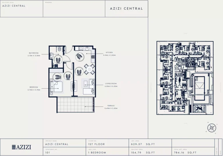 Azizi Central floor plan 1-спальн. · 784 sqft