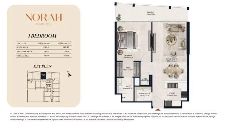 Norah Residence floor plan 1 BR · 768 sqft