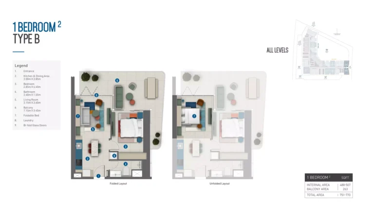 Rove Home Marasi Drive floor plan 1-спальн. · 770 кв. фут
