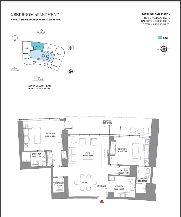Sobha Seahaven floor plan 2 BR · 1456 sqft