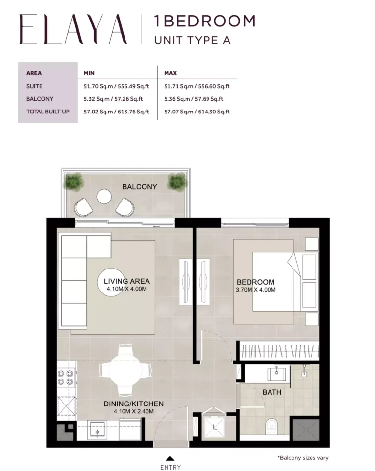 Elaya floor plan 1 BR · 614 sqft