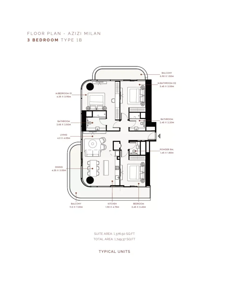 Azizi Milan 30 floor plan 3 BR · 1749 sqft